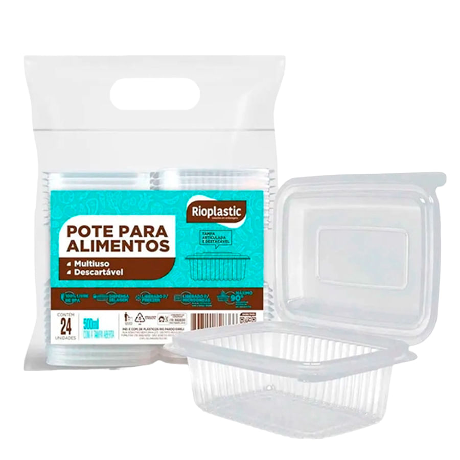 Bandeja de Plástico Rioplast 500ml Transparente BPA Free - Kit com 24 Unidades