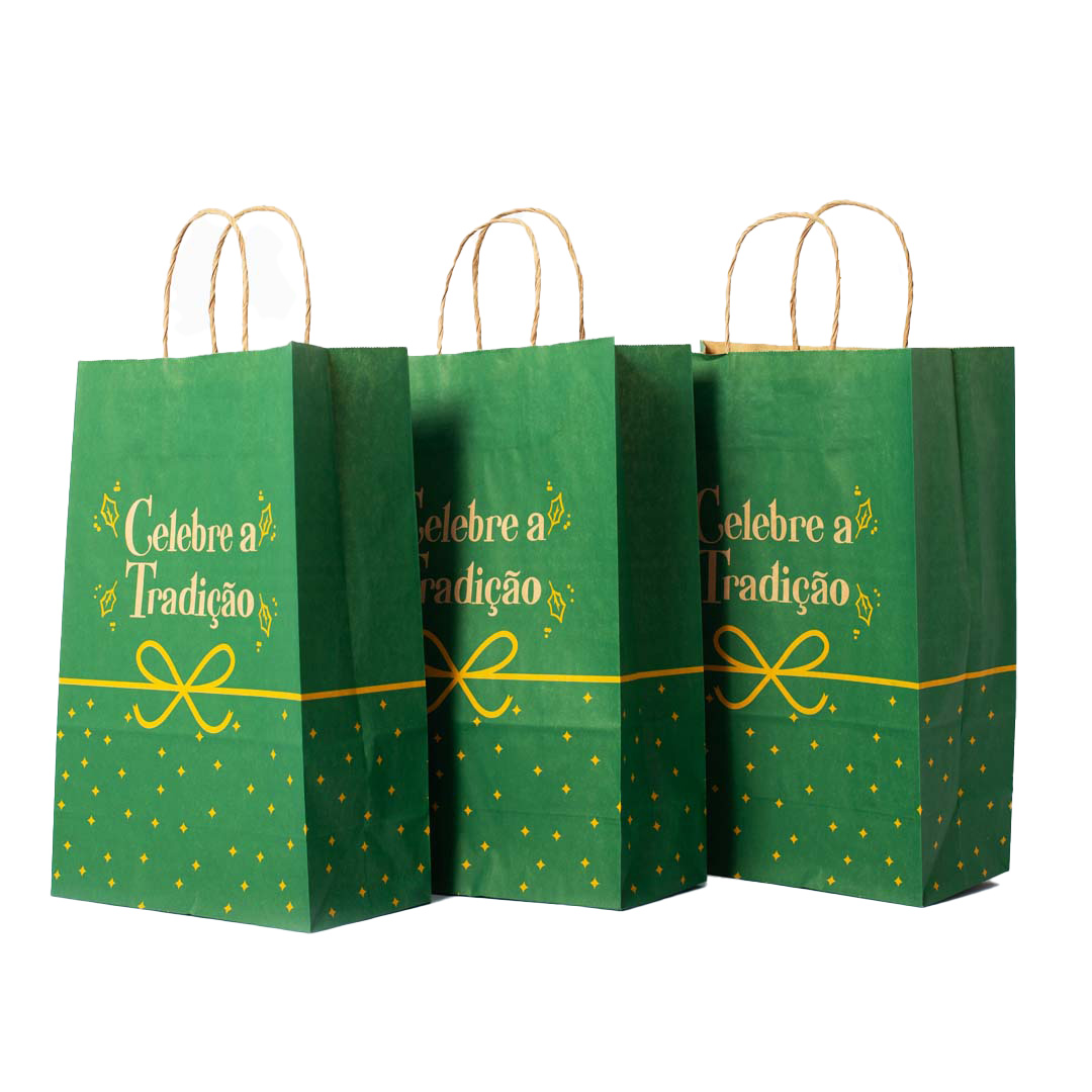 Kit 10 Sacolas de Papel Kraft Natalinas Celebre 35x23x11cm - Embalagem de Presente Natal